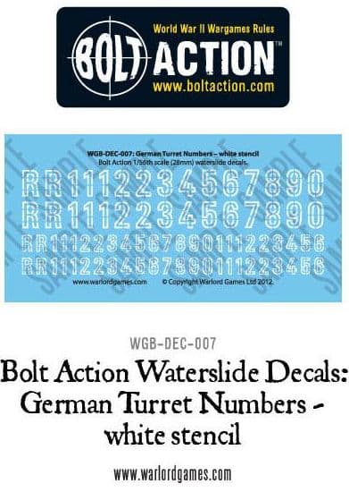 Bolt Action German Turret Numbers - white stencil decal sheet