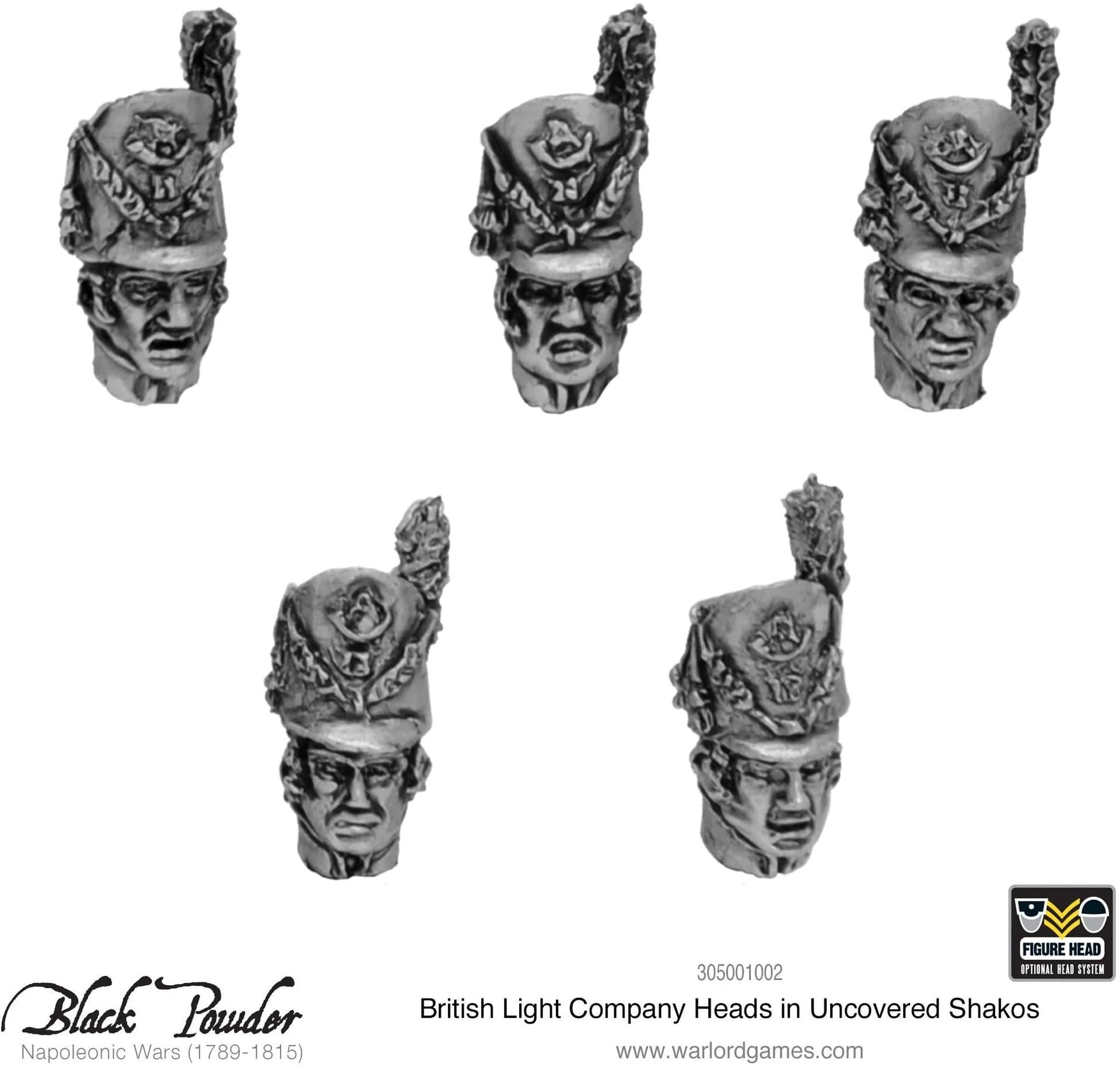 25x Napoleonic British Light Company heads in uncovered Shakos